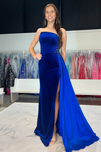 Royal Blue Velvet Strapless Mermaid Long Formal Dress with Side Cape