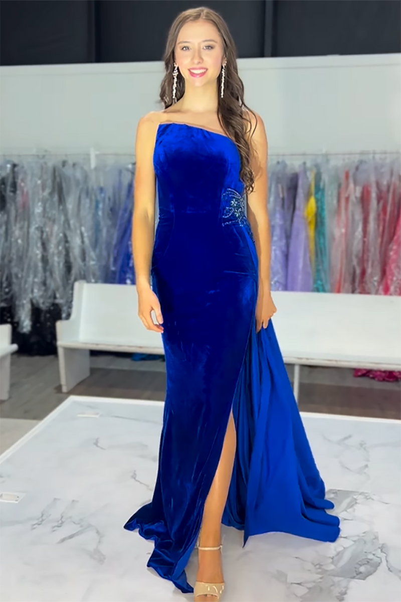 Load image into Gallery viewer, Royal Blue Velvet Strapless Mermaid Long Formal Dress with Side Cape