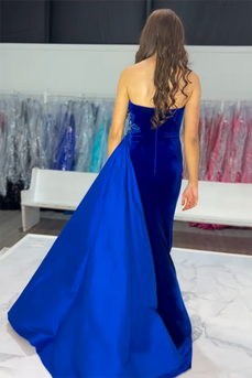 Royal Blue Velvet Strapless Mermaid Long Formal Dress with Side Cape