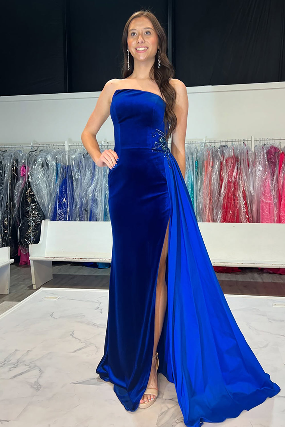Royal Blue Velvet Strapless Mermaid Long Formal Dress with Side Cape
