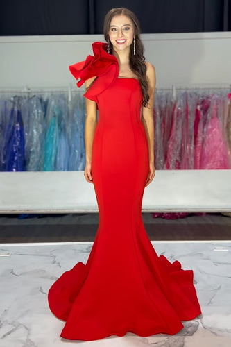 Red One Shoulder Mermaid Satin Long Formal Dress