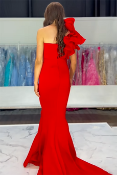 Red One Shoulder Mermaid Satin Long Formal Dress