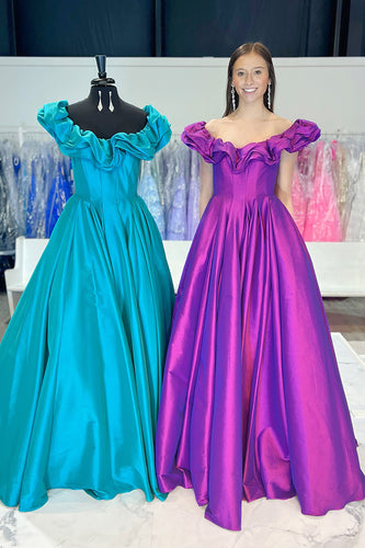 Purple Satin A Line Long Formal Dress with Ruffles