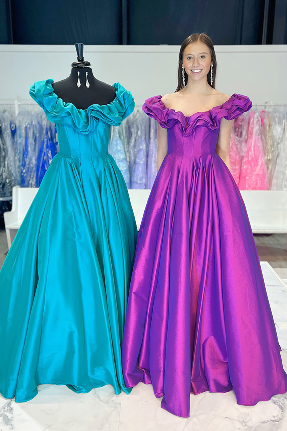 Purple Satin A Line Long Formal Dress with Ruffles