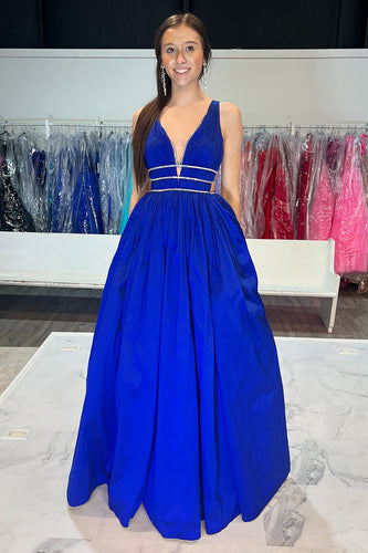 Sparkly Royal Blue Satin A Line Formal Dress with Beading