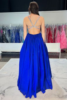 Sparkly Royal Blue Satin A Line Formal Dress with Beading