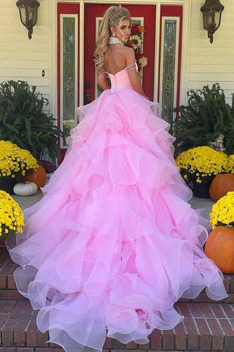 Pink A Line Tulle Long Formal Dress with Ruffles