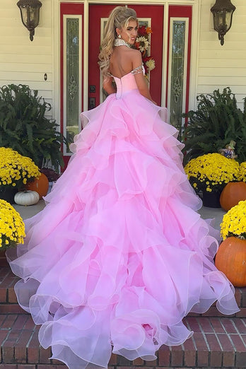 Pink A Line Tulle Long Formal Dress with Ruffles
