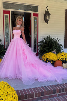 Pink A Line Tulle Long Formal Dress with Ruffles