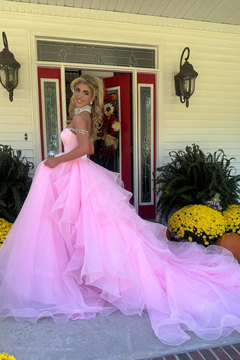 Pink A Line Tulle Long Formal Dress with Ruffles