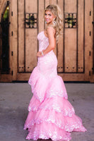 Load image into Gallery viewer, Pink Corset Tiered Tulle Formal Dress with Appliques