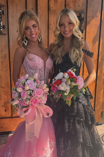 Pink Corset Tiered Tulle Formal Dress with Appliques