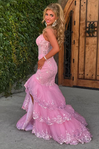 Pink Corset Tiered Tulle Formal Dress with Appliques