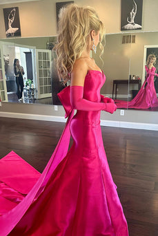 Fuchsia Mermaid Satin Long Formal Dress with Cape