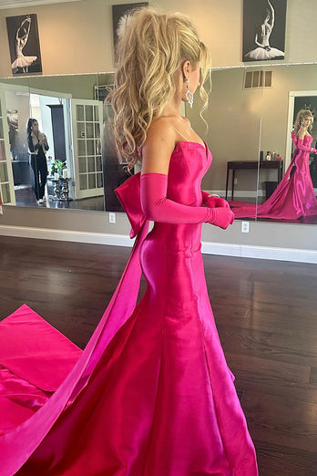 Fuchsia Mermaid Satin Long Formal Dress with Cape