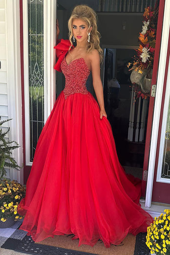 Sparkly Red Long A Line Formal Dress with Beading