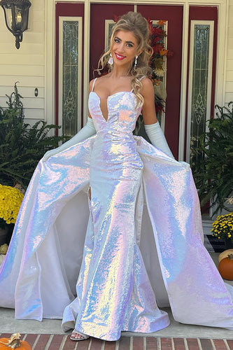 Sparkly A Line White Formal Dress with Side Cape
