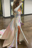 Load image into Gallery viewer, Sparkly A Line White Formal Dress with Side Cape