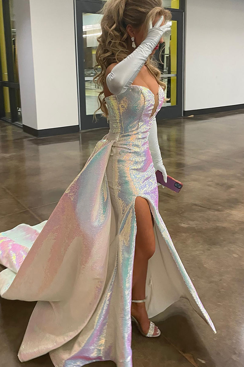 Load image into Gallery viewer, Sparkly A Line White Formal Dress with Side Cape