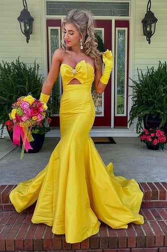 Yellow Mermaid Cut Out Satin Formal Dress with Bow