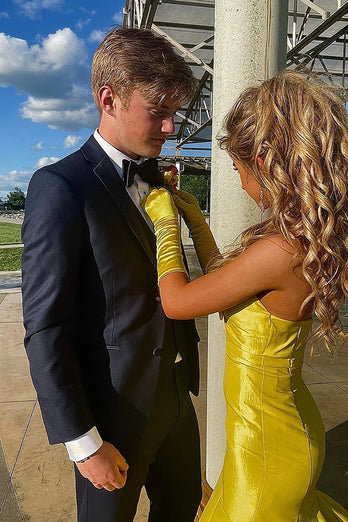 Yellow Mermaid Cut Out Satin Formal Dress with Bow