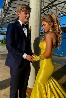 Yellow Mermaid Cut Out Satin Formal Dress with Bow