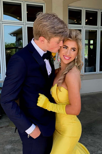 Yellow Mermaid Cut Out Satin Formal Dress with Bow