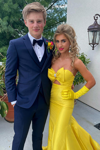 Yellow Mermaid Cut Out Satin Formal Dress with Bow