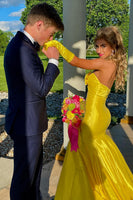Load image into Gallery viewer, Yellow Mermaid Cut Out Satin Formal Dress with Bow