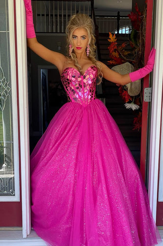 Sparkly Corset Fuchsia Tulle Glitter Formal Dress with Mirror