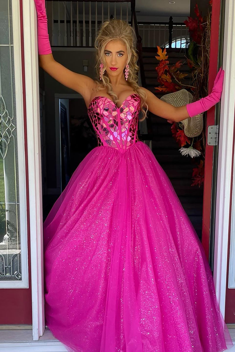 Load image into Gallery viewer, Sparkly Corset Fuchsia Tulle Glitter Formal Dress with Mirror