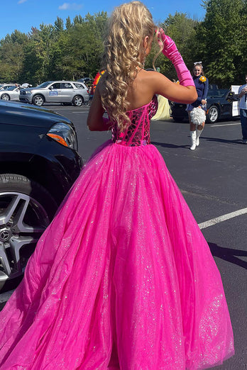Sparkly Corset Fuchsia Tulle Glitter Formal Dress with Mirror
