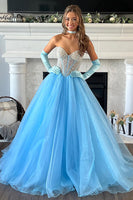 Load image into Gallery viewer, Sparkly Lignt Blue Corset A Line Tulle Formal Dress