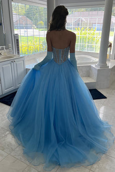 Sparkly Lignt Blue Corset A Line Tulle Formal Dress