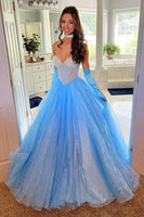 Load image into Gallery viewer, Sparkly Lignt Blue Corset A Line Tulle Formal Dress