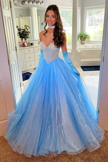 Sparkly Lignt Blue Corset A Line Tulle Formal Dress
