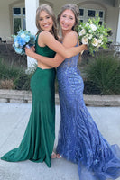 Load image into Gallery viewer, Sparkly Emerald Green Satin Sheath Long Formal Dress with Beading