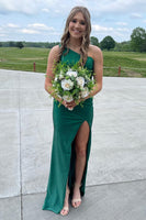 Load image into Gallery viewer, Sparkly Emerald Green Satin Sheath Long Formal Dress with Beading