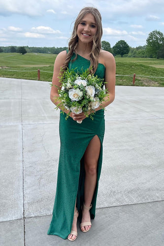 Sparkly Emerald Green Satin Sheath Long Formal Dress with Beading