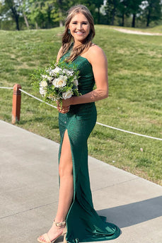 Sparkly Emerald Green Satin Sheath Long Formal Dress with Beading