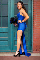 Load image into Gallery viewer, Sparkly Royal Blue Corset Beaded Satin Formal Dress with Slit