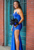 Load image into Gallery viewer, Sparkly Royal Blue Corset Beaded Satin Formal Dress with Slit