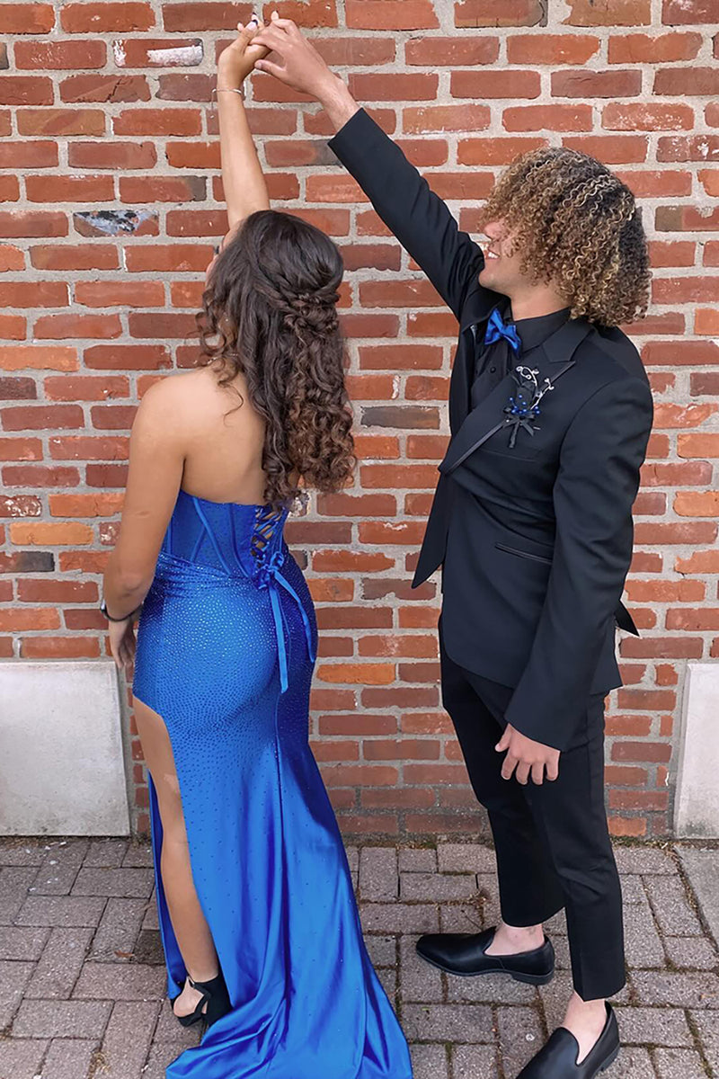 Load image into Gallery viewer, Sparkly Royal Blue Corset Beaded Satin Formal Dress with Slit