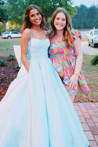 Light Blue Satin A Line Formal Dress with Pockets