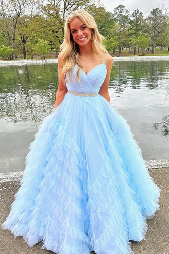 Light Blue Tulle Sweetheart A Line Formal Dress with Ruffles