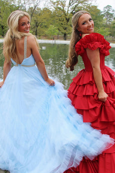 Light Blue Tulle Sweetheart A Line Formal Dress with Ruffles