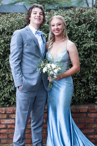 Sparkly Light Blue Satin Mermaid V-Neck Formal Dress with Beading
