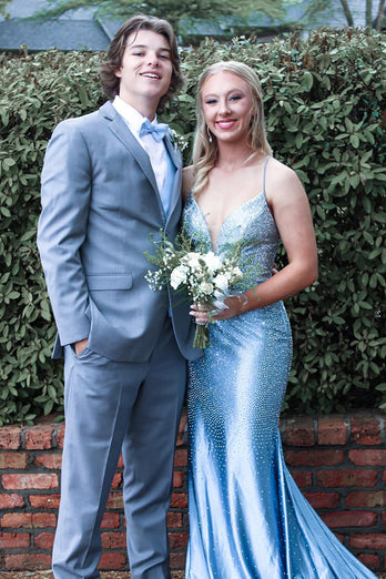 Sparkly Light Blue Satin Mermaid V-Neck Formal Dress with Beading