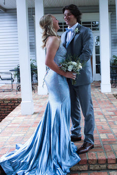 Sparkly Light Blue Satin Mermaid V-Neck Formal Dress with Beading