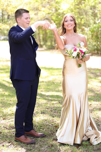 Sparkly Gold Satin Beaded Mermaid Long Formal Dress